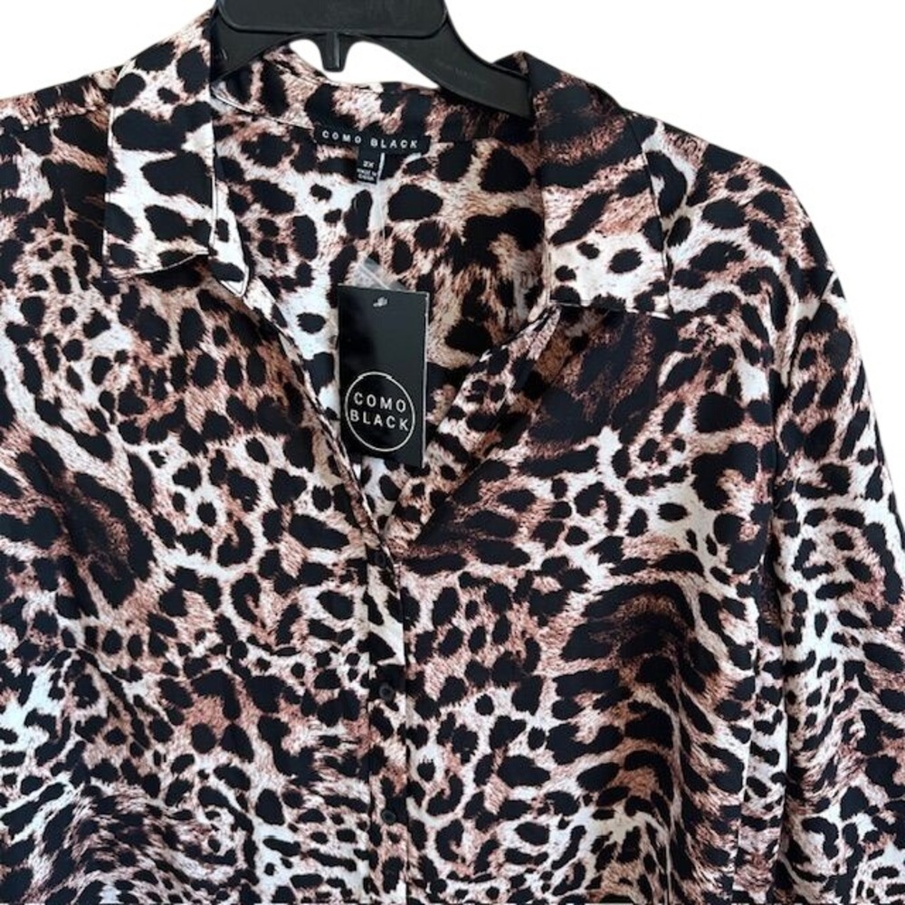 NWT Como Black Women's Leopard Animal Print Long Sleeve Button-Up Blouse 2X‎